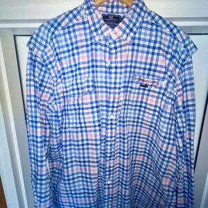 Vineyard Vines Men's Blue and Pink Plaid Shirt
